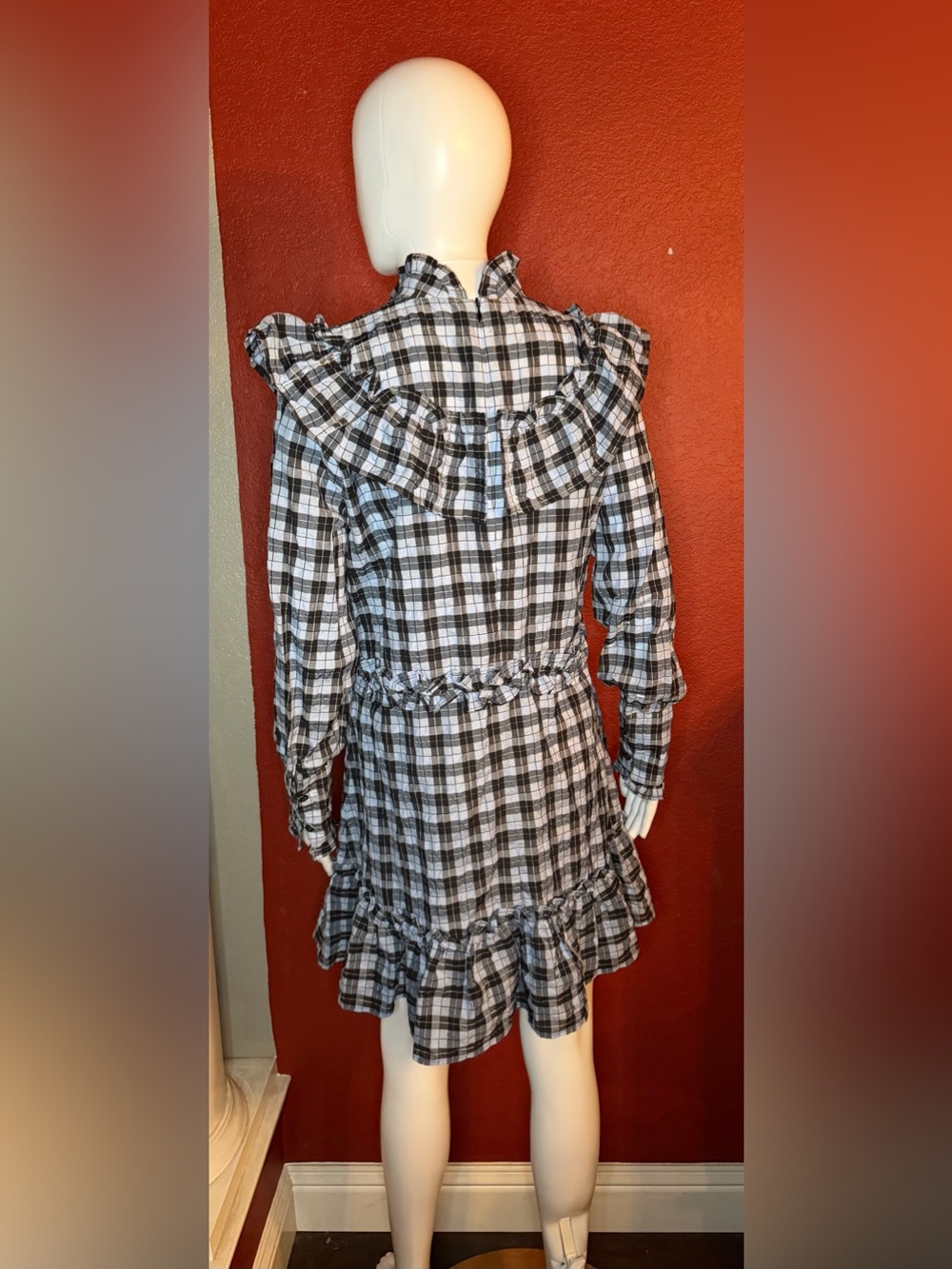 GANNI Charron Checked Seersucker Ruffle Mini Dress Serenity Blue Size 36 - Picture 3 of 12